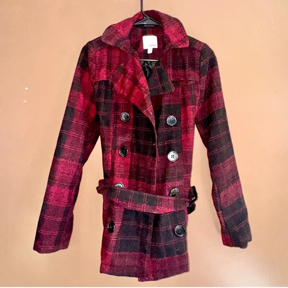 Bongo Women's Double Breasted Red Plaid Button Pea Coat - Size Small